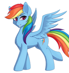 Size: 1327x1400 | Tagged: safe, artist:nathayro37, rainbow dash, pegasus, pony, backwards cutie mark, female, mare, simple background, smiling, solo, spread wings, transparent background, wings