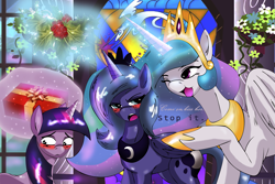 Size: 3763x2516 | Tagged: safe, artist:alcasar-reich, princess celestia, princess luna, twilight sparkle, alicorn, pony, blushing, female, holly, holly mistaken for mistletoe, lesbian, s1 luna, shipper on deck, shipping, twiluna