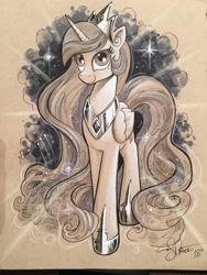 Size: 1536x2048 | Tagged: safe, artist:andypriceart, princess celestia, alicorn, pony, colored pencil drawing, female, hoof shoes, majestic, mare, marker drawing, monochrome, peytral, signature, smiling, solo, traditional art