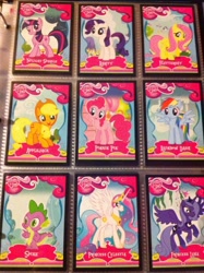 Size: 1936x2592 | Tagged: safe, applejack, fluttershy, pinkie pie, princess celestia, princess luna, rainbow dash, rarity, spike, twilight sparkle, earth pony, pony, card, irl, mane seven, merchandise, photo, trading card