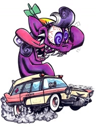Size: 1024x1344 | Tagged: safe, artist:sketchywolf-13, screwball, earth pony, pony, ambulance, blood, cadillac, car, crazy eyes, crazy face, ed "big daddy" roth, ed roth, faic, female, filly, hat, mare, rat fink, sharp teeth, simple background, smoke, solo, solo female, style emulation, teeth, traditional art, white background