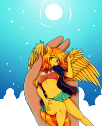 Size: 1567x1949 | Tagged: source needed, useless source url, safe, artist:maym, oc, oc only, oc:firetale, anthro, pegasus, female, hand, holding a pony, in goliath's palm, micro, shrunk, solo, wings