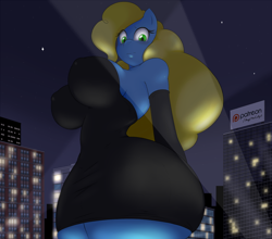 Size: 1280x1128 | Tagged: safe, artist:angelthecatgirl, oc, oc:pixie, anthro, big breasts, billboard, black dress, breasts, building, city, clothes, dress, evening gloves, female, giantess, gloves, green eyes, huge breasts, long gloves, looking down, macro, night, patreon, patreon logo, solo