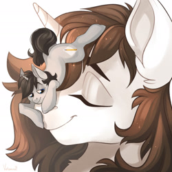 Size: 1920x1920 | Tagged: safe, artist:ink_architect, oc, oc:flower star, oc:greyline, pony, unicorn, boop, cute, eyes closed, female, fluffy, food, macro, macro/micro, male, mare, micro, stallion, ych result