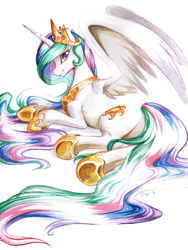 Size: 1529x2034 | Tagged: safe, artist:jiayi, princess celestia, alicorn, pony, long tail, looking back, prone, solo, traditional art