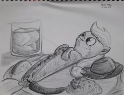 Size: 3176x2448 | Tagged: safe, artist:rockhoppr3, applejack, seapony (g4), food, hat, micro, monochrome, pencil drawing, ponies in food, seaponified, seapony applejack, solo, species swap, taco, traditional art