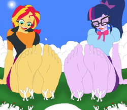 Size: 2024x1763 | Tagged: safe, artist:final7darkness, sci-twi, sunset shimmer, twilight sparkle, equestria girls, barefoot, clothes, feet, fetish, foot fetish, foot focus, giantess, glasses, lucky, macro, massage, size difference