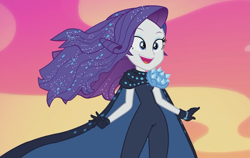 Size: 1141x720 | Tagged: safe, screencap, rarity, better together, equestria girls, the other side, cape, clothes, female, open mouth, pauldron, smiling, solo, windswept hair