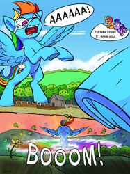 Size: 2000x2668 | Tagged: safe, artist:tsitra360, part of a series, part of a set, applejack, rainbow dash, twilight sparkle, unicorn twilight, earth pony, pegasus, pony, unicorn, comic:resized - lesson zero, lesson zero, aaaaaaaaaa, comic, destruction, dialogue, giant pony, goggles, helmet, macro, open mouth, parody, rearing, scene parody, sonic rainboom, speech bubble, sweet apple acres, underhoof