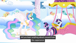 Size: 637x359 | Tagged: safe, screencap, dewdrop dazzle, dizzy twister, lyra heartstrings, orange swirl, parasol, princess celestia, rarity, spring melody, sprinkle medley, twilight sparkle, alicorn, pony, unicorn, sonic rainboom (episode), hot air balloon, implied rape, princess molestia, youtube caption