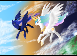 Size: 2338x1700 | Tagged: safe, artist:blacklal, princess celestia, princess luna, alicorn, pony, crown, female, flying, horn, jewelry, mare, regalia, siblings, sisters