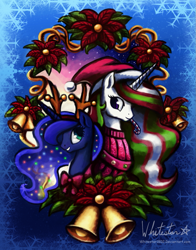 Size: 943x1200 | Tagged: safe, artist:whitestar1802, princess celestia, princess luna, alicorn, pony, candy, christmas, hat, santa hat