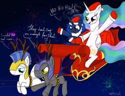 Size: 1300x1000 | Tagged: safe, artist:rodolfomushi, princess celestia, princess luna, alicorn, pony, christmas, hat, night guard, royal guard, santa hat, sleigh