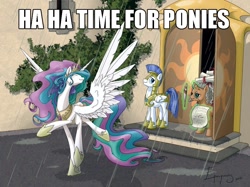 Size: 1024x764 | Tagged: safe, artist:jackjacko-eponymous, princess celestia, oc, alicorn, pegasus, pony, unicorn, cute, cutelestia, dancing, eyes closed, female, glowing horn, hoof shoes, horn, image macro, magic, male, mare, meme, quill, rain, raised hoof, raised leg, royal guard, running, scroll, smiling, spread wings, stallion, telekinesis, time for ponies