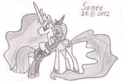 Size: 2439x1638 | Tagged: safe, artist:wmsonee, princess celestia, princess luna, alicorn, pony, come hug me sis, grayscale, hug, monochrome, s1 luna