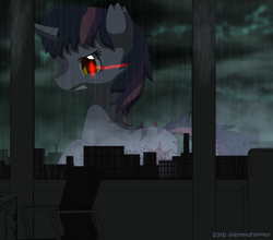 Size: 2500x2200 | Tagged: safe, artist:rockfannel, twilight sparkle, unicorn twilight, kaiju, pony, unicorn, building, city, cloud, crossover, dark clouds, destruction, female, giant pony, godzilla, godzilla (series), macro, rain, solo, twizilla