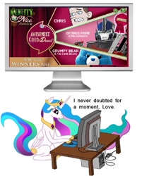 Size: 977x1215 | Tagged: safe, princess celestia, alicorn, pony, care bears, chris, computer, dan vs, grumpy, hub logo, naughty or nice, optilestia, optimus prime, transformers, transformers prime