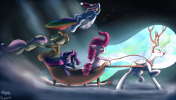 Size: 1968x1125 | Tagged: safe, artist:cheshiresdesires, artist:spaerk, applejack, fluttershy, pinkie pie, princess celestia, rainbow dash, rarity, twilight sparkle, alicorn, earth pony, pegasus, pony, reindeer, unicorn, antlers, costume, female, mane six, signature, sled, snow