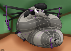 Size: 2616x1899 | Tagged: safe, artist:the-furry-railfan, octavia melody, dragon, original species, annoyed, bagpipe dragon, bagpipes, belly, dragonified, impossibly large belly, indoors, inflation, octavia is not amused, sitting, species swap, squishy, stuck, tartan, transformation, unamused