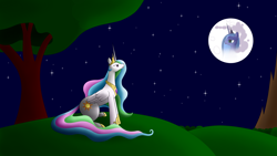 Size: 10000x5625 | Tagged: safe, artist:tanail, princess celestia, princess luna, alicorn, pony, absurd resolution, crown, grass, jewelry, moon, mountain, night, regalia, stars, tree