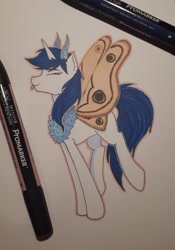 Size: 2534x3612 | Tagged: safe, artist:alicetriestodraw, oc, oc:mysza, moth, mothpony, original species, blue eyes, blue mane, colored sketch, eyes closed, horn, mare, solo, tongue out, traditional art, white fur