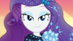 Size: 1280x720 | Tagged: safe, screencap, rarity, equestria girls, equestria girls series, the other side, bedroom eyes, close-up, closeup on the face, female, lidded eyes, looking at you, pauldron, smiling, solo, sunset