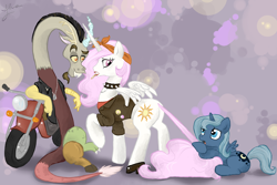 Size: 2400x1600 | Tagged: safe, artist:elenaboosy, discord, princess celestia, princess luna, alicorn, pony, bandana, biker, buttons, cigarette, clothes, collar, cute, delinquent, dislestia, dog collar, dog tags, filly, high heels, leather jacket, lipstick, motorcycle, pink-mane celestia, punk, punklestia, rebel, shipping, smoking, teenager, woona, younger