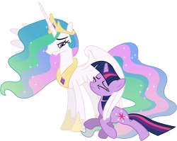 Size: 6900x5480 | Tagged: safe, artist:90sigma, princess celestia, twilight sparkle, unicorn twilight, alicorn, pony, unicorn, the crystal empire, absurd resolution, bitchlestia, duo, ethereal mane, eyes closed, female, mare, simple background, transparent background, vector