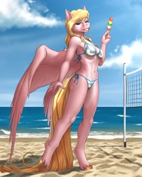 Size: 2500x3125 | Tagged: safe, artist:mykegreywolf, oc, oc only, oc:vee, anthro, pegasus, unguligrade anthro, anthro oc, armpits, beach, belly button, bikini, breasts, clothes, commission, female, food, ice cream, looking at you, mare, side-tie bikini, smiling, solo, swimsuit