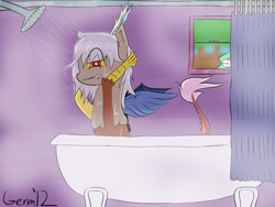 Size: 900x675 | Tagged: safe, artist:germaneseguy, discord, eris, princess celestia, alicorn, pony, bathtub, blushing, claw foot bathtub, rule 63, shower, voyeurism, wet