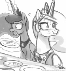 Size: 735x788 | Tagged: safe, artist:johnjoseco, princess celestia, princess luna, alicorn, pony, cake, cakelestia, grayscale, monochrome, the cake is a lie