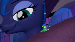 Size: 3000x1687 | Tagged: safe, artist:johnnyxluna, princess luna, oc, oc:prince lightning chaser, alicorn, pony, 3d, clothes, fetish, hoof fetish, looking back, macro, micro, shrink, shrunk, shrunken, smiling, smirk, sock fetish, socks, source filmmaker, tiny