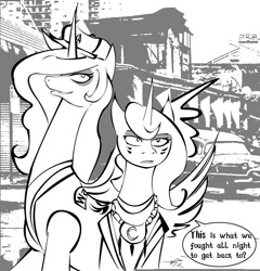 Size: 767x800 | Tagged: safe, artist:negativefade, princess celestia, princess luna, alicorn, pony, clothes, coney island, crossover, hat, monochrome, ponified, the warriors