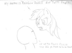 Size: 903x672 | Tagged: safe, artist:scraggleman, rainbow dash, oc, oc:anon, human, angry, anonymous, monochrome, silly, sketch, traditional art, tutti frutti (food)