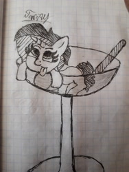 Size: 3096x4128 | Tagged: safe, artist:twilight_light, oc, oc only, oc:twilight light, pony, unicorn, :p, black and white, cup, cup of pony, female, glass, graph paper, grayscale, mare, micro, monochrome, notebook, photo, sketch, solo, tongue out, traditional art