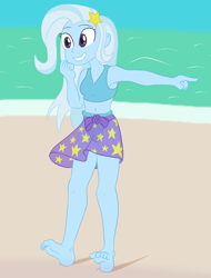 Size: 1504x1980 | Tagged: safe, artist:scraggleman, trixie, equestria girls, belly button, bikini, clothes, cropped, cute, diatrixes, feet, midriff, solo, swimsuit, wrap skirt