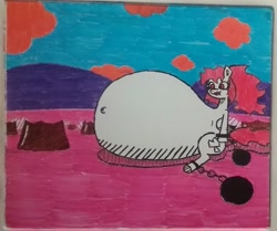 Size: 1637x1370 | Tagged: safe, artist:eternaljonathan, oc, oc:veneris, pony, ball and chain, belly, big belly, candy, chains, deviantart, food, huge belly, impossibly large belly, stuffed, traditional art, whiteboard