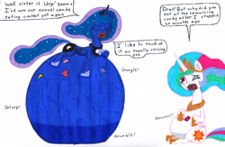 Size: 3474x2262 | Tagged: safe, artist:eternaljonathan, princess celestia, princess luna, alicorn, pony, belly, belly bed, big belly, candy, deviantart, food, huge belly, impossibly large belly, ink, royal sisters, stuffed, traditional art