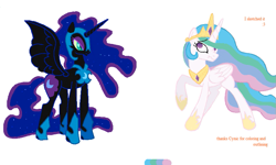 Size: 801x481 | Tagged: safe, artist:cynic, artist:kasun05, artist:shuffle001, nightmare moon, princess celestia, alicorn, pony, flockdraw