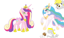 Size: 801x481 | Tagged: safe, artist:cynic, artist:hipster-ponies, artist:kasun05, artist:shuffle001, artist:shutterflye, derpy hooves, princess cadance, princess celestia, alicorn, changeling, pony, flockdraw, horn, muffin, wings