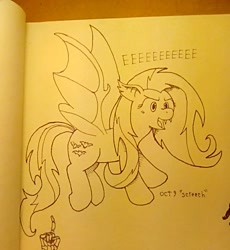 Size: 912x991 | Tagged: safe, artist:scraggleman, fluttershy, bat pony, eeee, flutterbat, inktober, monochrome, race swap, solo, traditional art