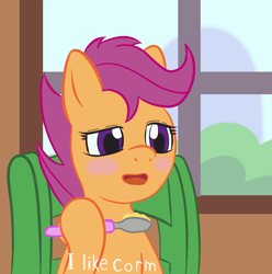 Size: 906x912 | Tagged: safe, artist:scraggleman, scootaloo, /mlp/, blushing, chair, corm, meme, parody, solo, text, window