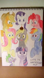 Size: 912x1600 | Tagged: safe, artist:scraggleman, applejack, derpy hooves, fluttershy, pinkie pie, rainbow dash, rarity, spike, twilight sparkle, dragon, earth pony, pegasus, pony, unicorn, candle, food, happy birthday mlp:fim, mane seven, mane six, mlp fim's seventh anniversary, muffin, traditional art, watercolor painting