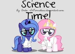 Size: 5291x3817 | Tagged: safe, artist:drpancakees, princess celestia, princess luna, alicorn, pony, :o, absurd resolution, cewestia, clothes, cute, dressup, filly, glasses, lab coat, safety goggles, science, science woona, scientist, woona