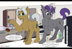 Size: 1280x881 | Tagged: safe, artist:digoraccoon, oc, oc only, oc:doc wagon, oc:switchblade, earth pony, pony, unicorn, bottle, dialogue, giant pony, glasses, kitchen, macro, macro/micro, open mouth, raised hoof, size difference, speech bubble