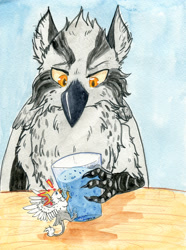 Size: 1226x1649 | Tagged: safe, artist:dojerodesigns, oc, oc only, oc:der, oc:floofy, griffon, cup, duo, male, micro, traditional art, water, watercolor painting