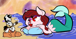 Size: 2400x1241 | Tagged: safe, artist:joeywaggoner, oc, oc only, oc:hot rod, oc:tilly, anthro, mermaid, plantigrade anthro, barefoot, beach, big breasts, big lips, breasts, clothes, commission, feet, female, giant mermaid/seapony, giantess, guitar, heart eyes, huge breasts, macro, male, mermaidized, oc x oc, partial nudity, prone, shipping, singing, species swap, straight, topless, wingding eyes