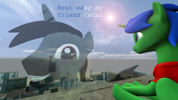 Size: 1920x1080 | Tagged: safe, artist:johnnyxluna, oc, oc only, oc:cetas, oc:prince lightning chaser, ghost, pony, 3d, giant pony, macro, memory, rest in peace, sad, source filmmaker