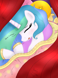 Size: 900x1200 | Tagged: safe, artist:joakaha, princess celestia, alicorn, pony, pillow, sleeping, solo