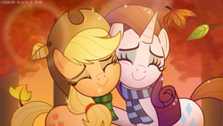 Size: 1280x720 | Tagged: safe, artist:lennonblack, applejack, rarity, earth pony, pony, unicorn, autumn, beautiful, best friends, clothes, cowboy hat, cute, duo, eyes closed, female, freckles, hat, holiday, jackabetes, leaves, mare, nuzzling, raribetes, scarf, side hug, thanksgiving